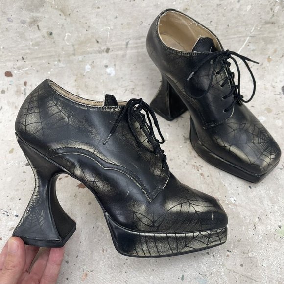 Vintage OG 90’s London Underground Spiderweb Print Leather Coffin Heel Platforms - Picture 2 of 8